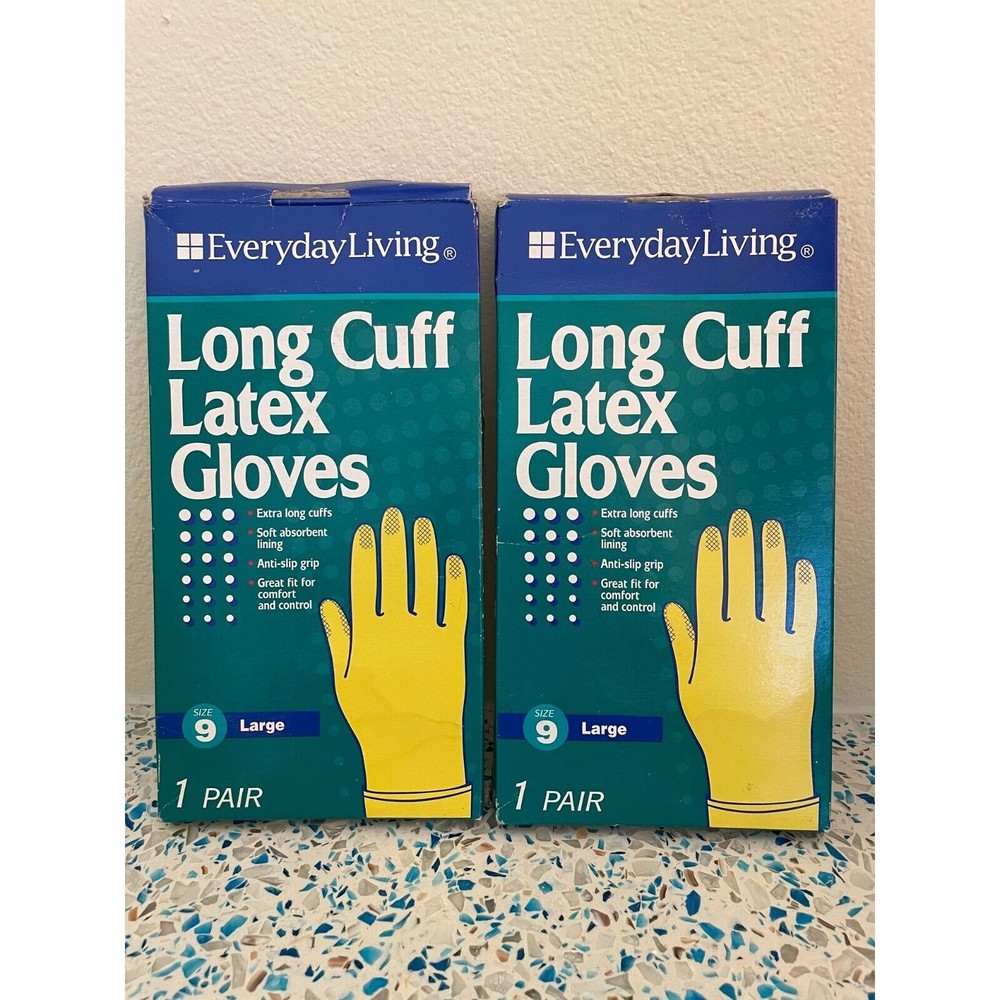 2 Pairs Long Cuff Yellow Latex Gloves Size Large Everyday Living Dishwashing NOS